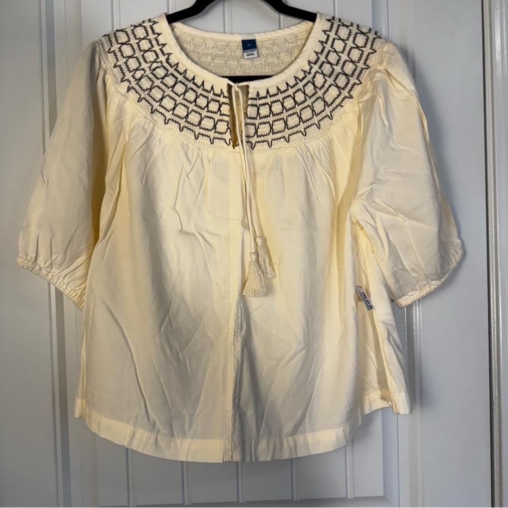 Old Navy Cream Blouse with Black Embroidery